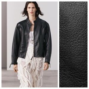 NWT. Zara ZW Collection Black 100% Leather Jacket with Zipper. Size L.